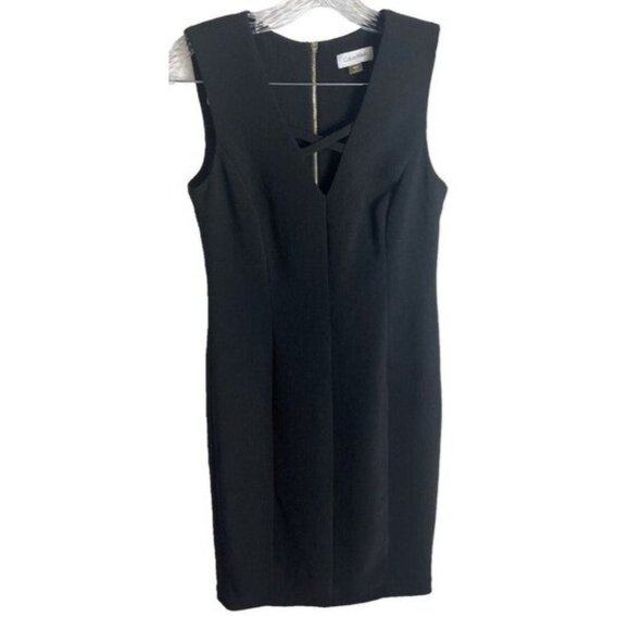 Calvin Klein Womens Black Sleeveless Sheath Dress Size 4 Textured Crisscross Nec - Picture 1 of 8